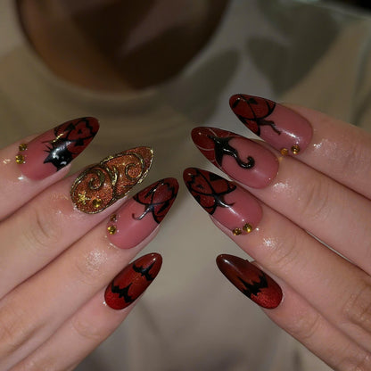 Halloween Press On Nails with Dark Red Swirl Art | Black Gothic Details | Spooky 3D Gold Statement Nails | JB535UC