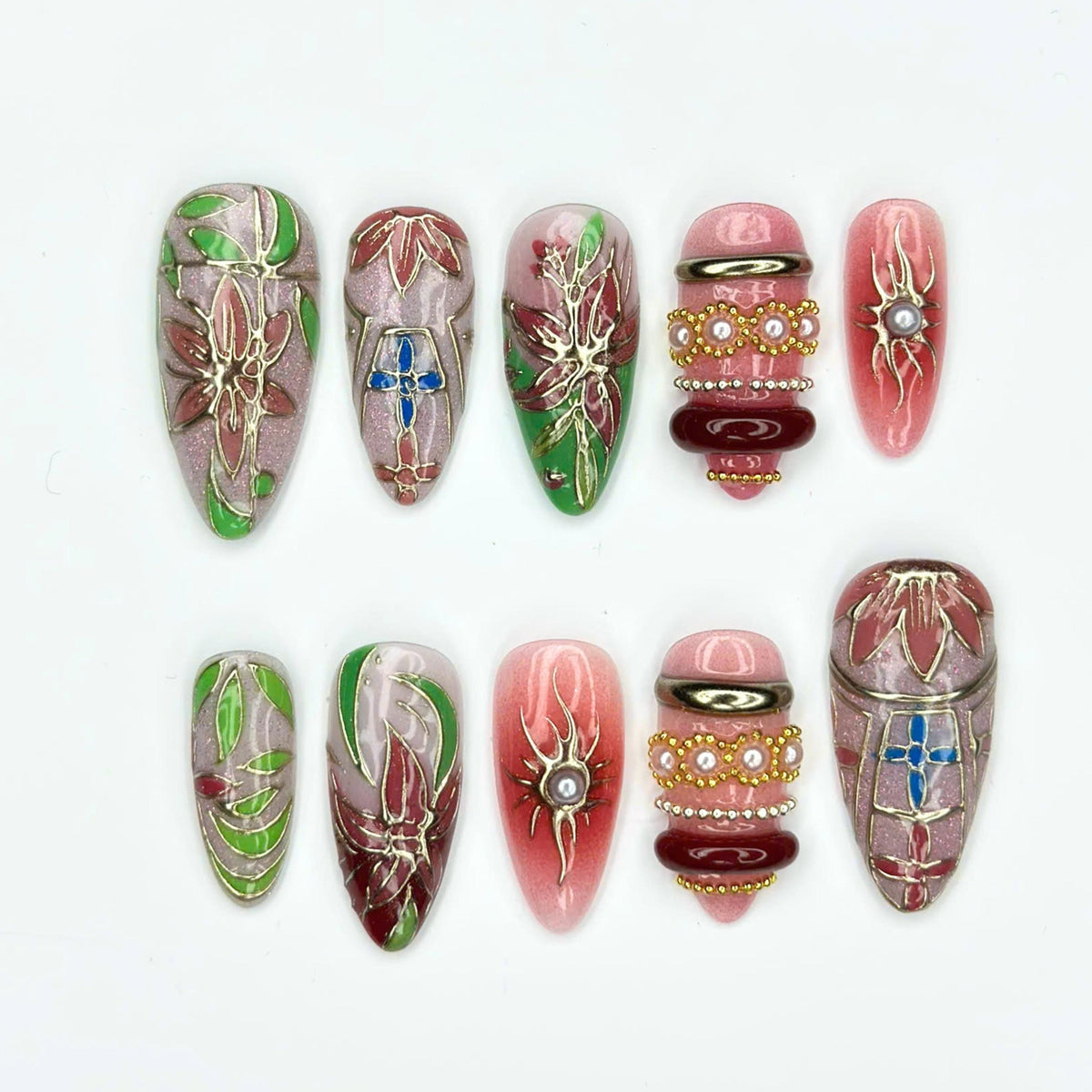 Art Nouveau Press On Nails with Stained Glass Design | Silver Gold Floral Nail Art | 3D Vintage Statement Nails | JB532UC