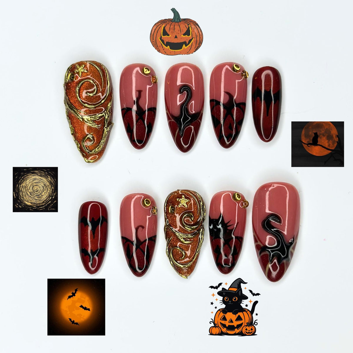 Halloween Press On Nails with Dark Red Swirl Art | Black Gothic Details | Spooky 3D Gold Statement Nails | JB535UC