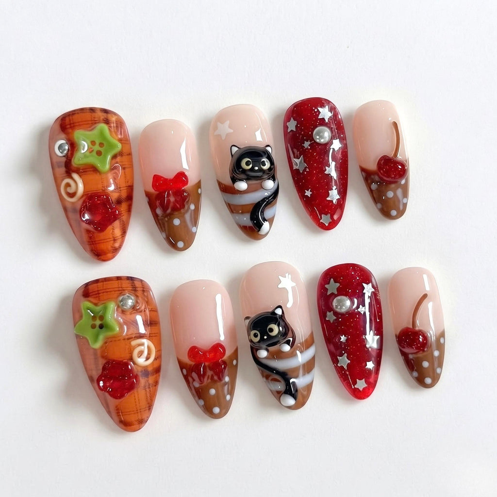 Cute Fall Press On Nails with Black Cat & Cherry | 3D Bow Autumn Nails | Red Plaid Handmade Nail Set | JB666U