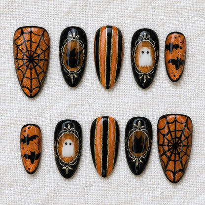 Gothic Halloween Press On Nails, Ghost Spider Web Bat Orange Black Nails