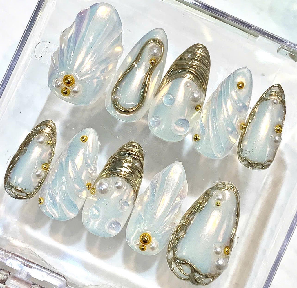 Handmade Press-On Nails, Aqua Blue Pearls, Gold Chrome, Mermaid Inspired (Reusable)