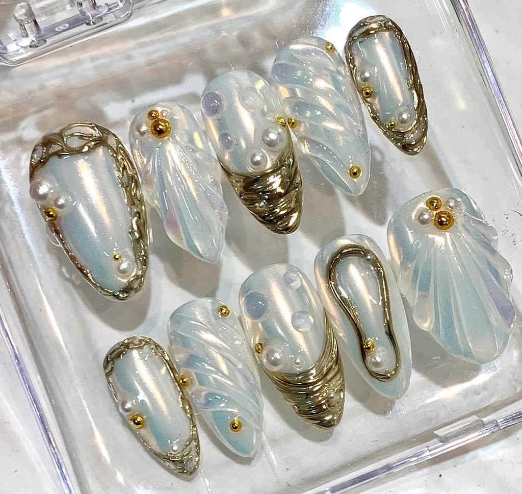 Handmade Press-On Nails, Aqua Blue Pearls, Gold Chrome, Mermaid Inspired (Reusable)
