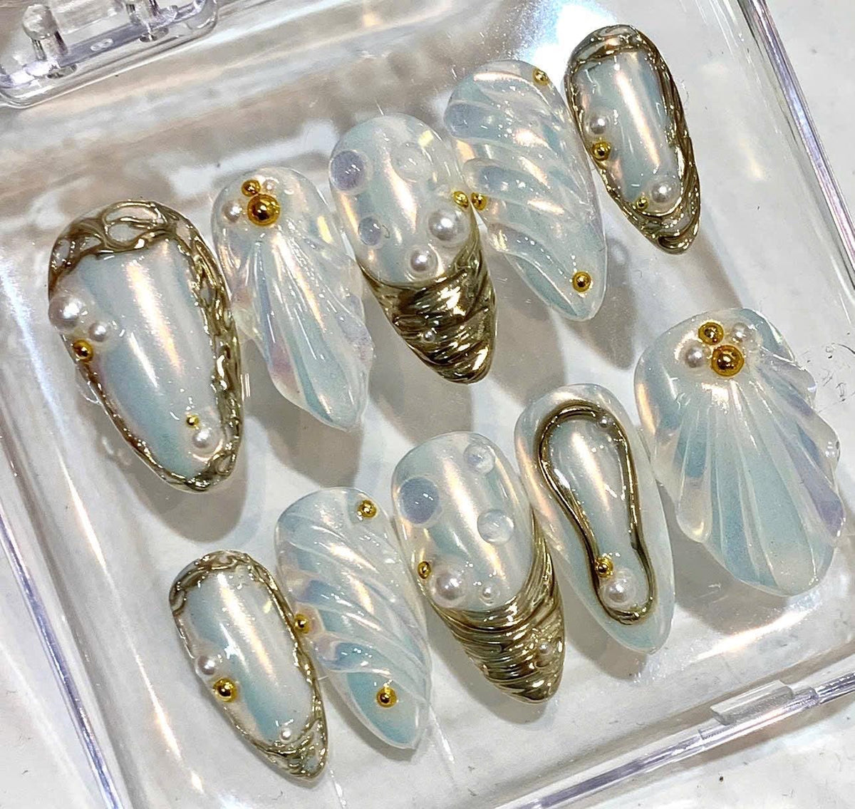 Handmade Press-On Nails, Aqua Blue Pearls, Gold Chrome, Mermaid Inspired (Reusable)