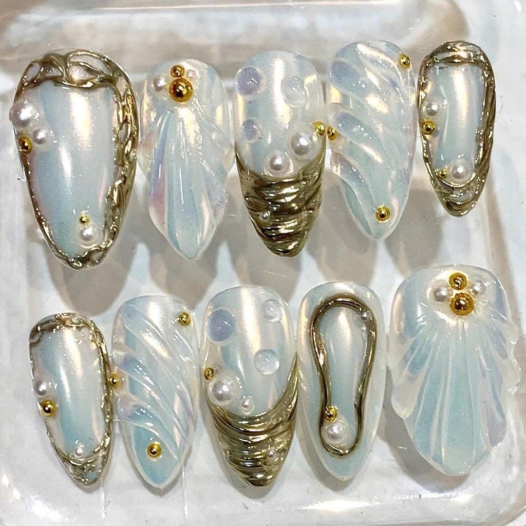Handmade Press-On Nails, Aqua Blue Pearls, Gold Chrome, Mermaid Inspired (Reusable)