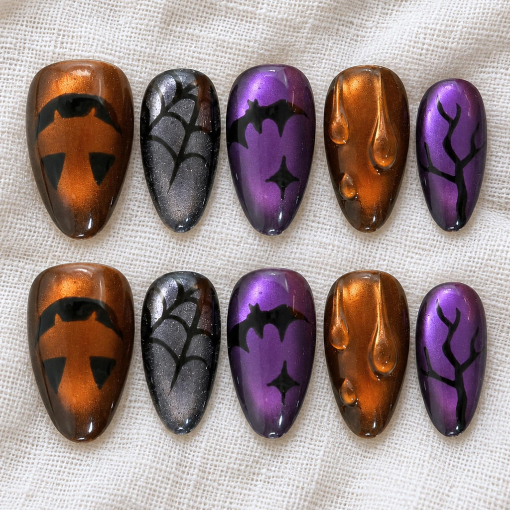 Spooky Halloween Press On Nails, Cat Eye Pumpkin Nail Art, Purple Orange Nails