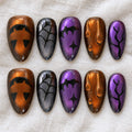Spooky Halloween Press On Nails, Cat Eye Pumpkin Nail Art, Purple Orange Nails