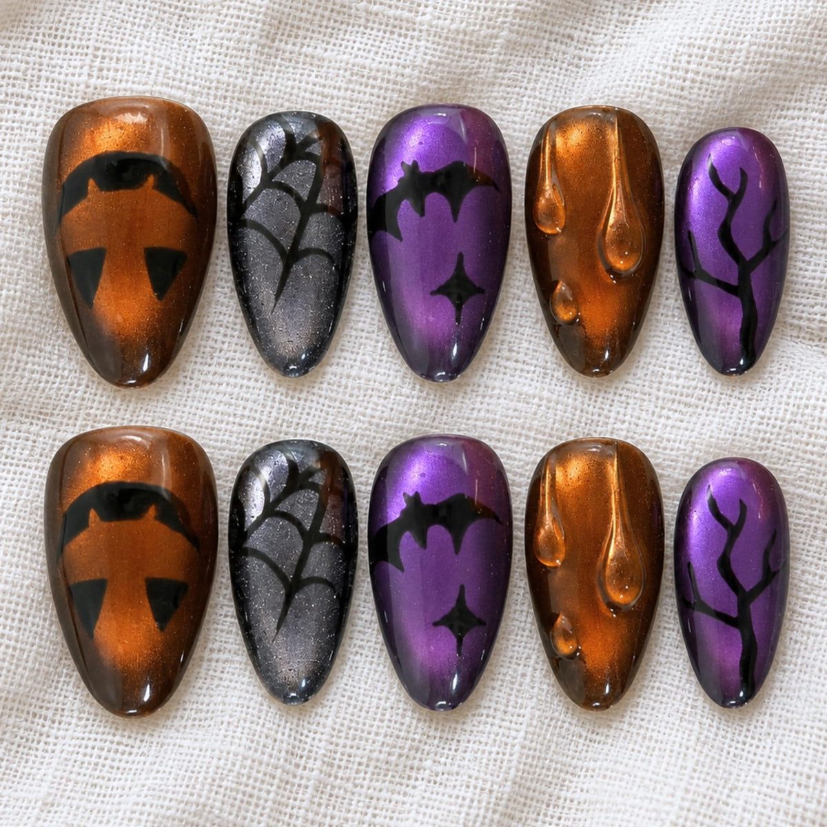 Spooky Halloween Press On Nails, Cat Eye Pumpkin Nail Art, Purple Orange Nails