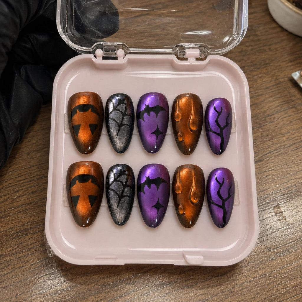 Spooky Halloween Press On Nails, Cat Eye Pumpkin Nail Art, Purple Orange Nails