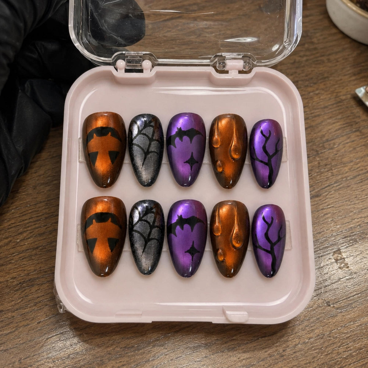 Spooky Halloween Press On Nails, Cat Eye Pumpkin Nail Art, Purple Orange Nails