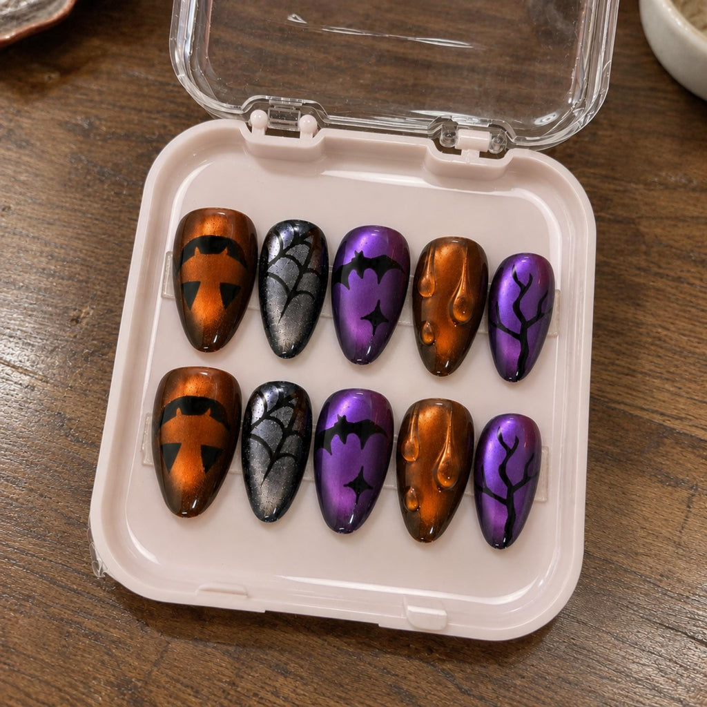 Spooky Halloween Press On Nails, Cat Eye Pumpkin Nail Art, Purple Orange Nails