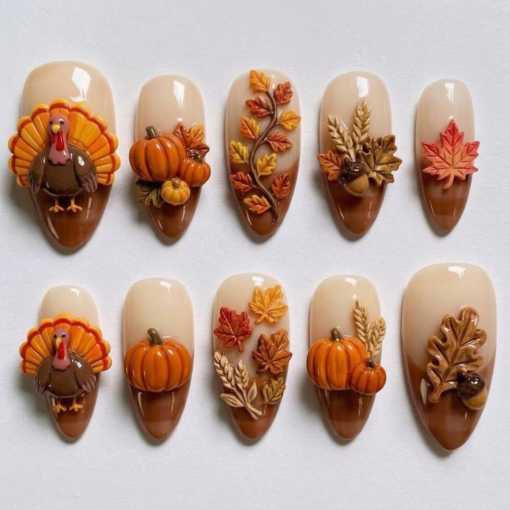 Thanksgiving Press On Nails | Cozy Fall Harvest Inspiration | Glossy Almond Nail Style | Maple Leaf Pumpkin Nail | 3D Turkey Acorn Nail Art