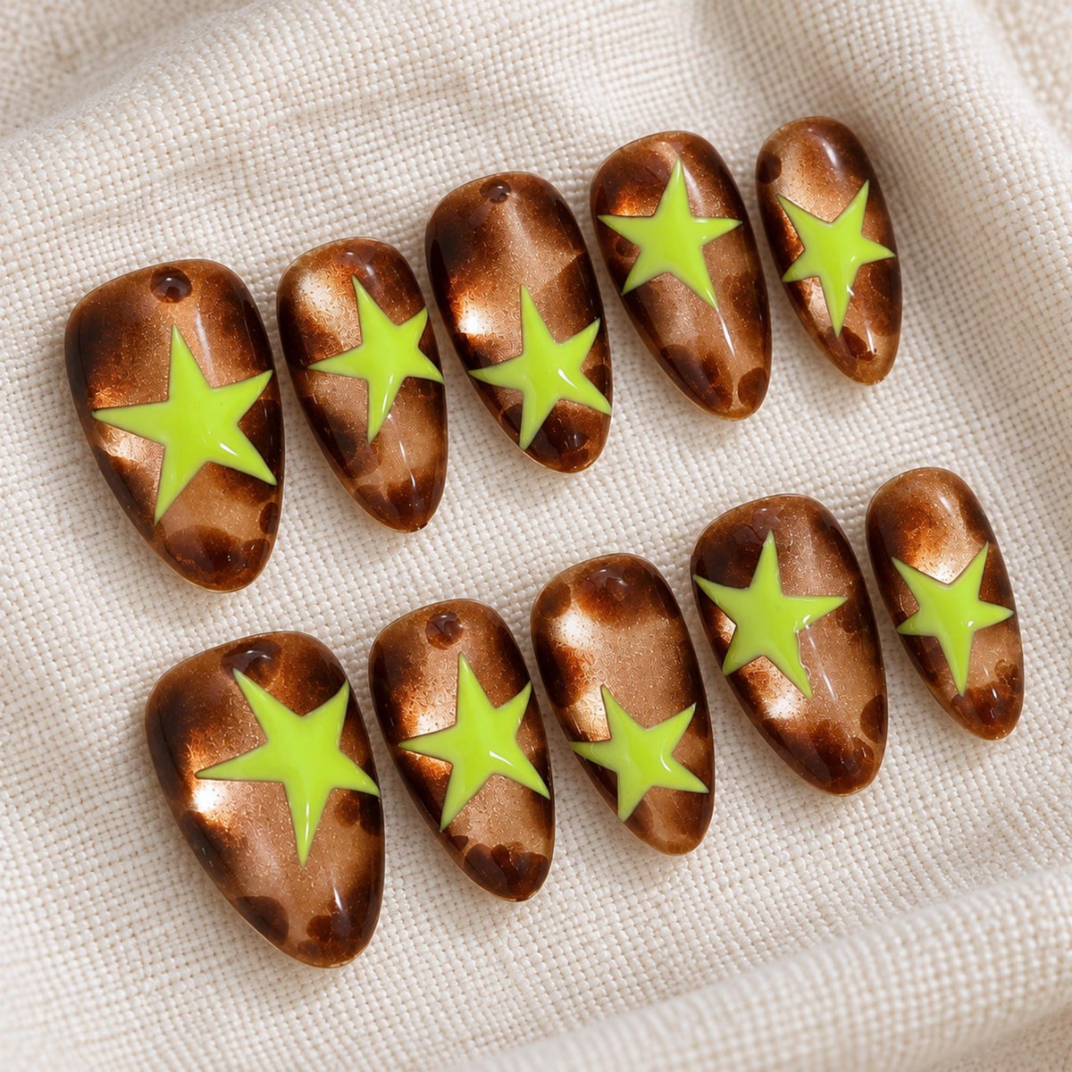 Brown Fall Cat Eye Press On Nails, Green Star Nails, Y2K Tortoiseshell Nails