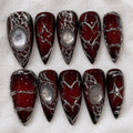 Dark Red Gothic Press On Nails, Silver Chrome Stiletto Nails, Vampire Y2K Nail Art