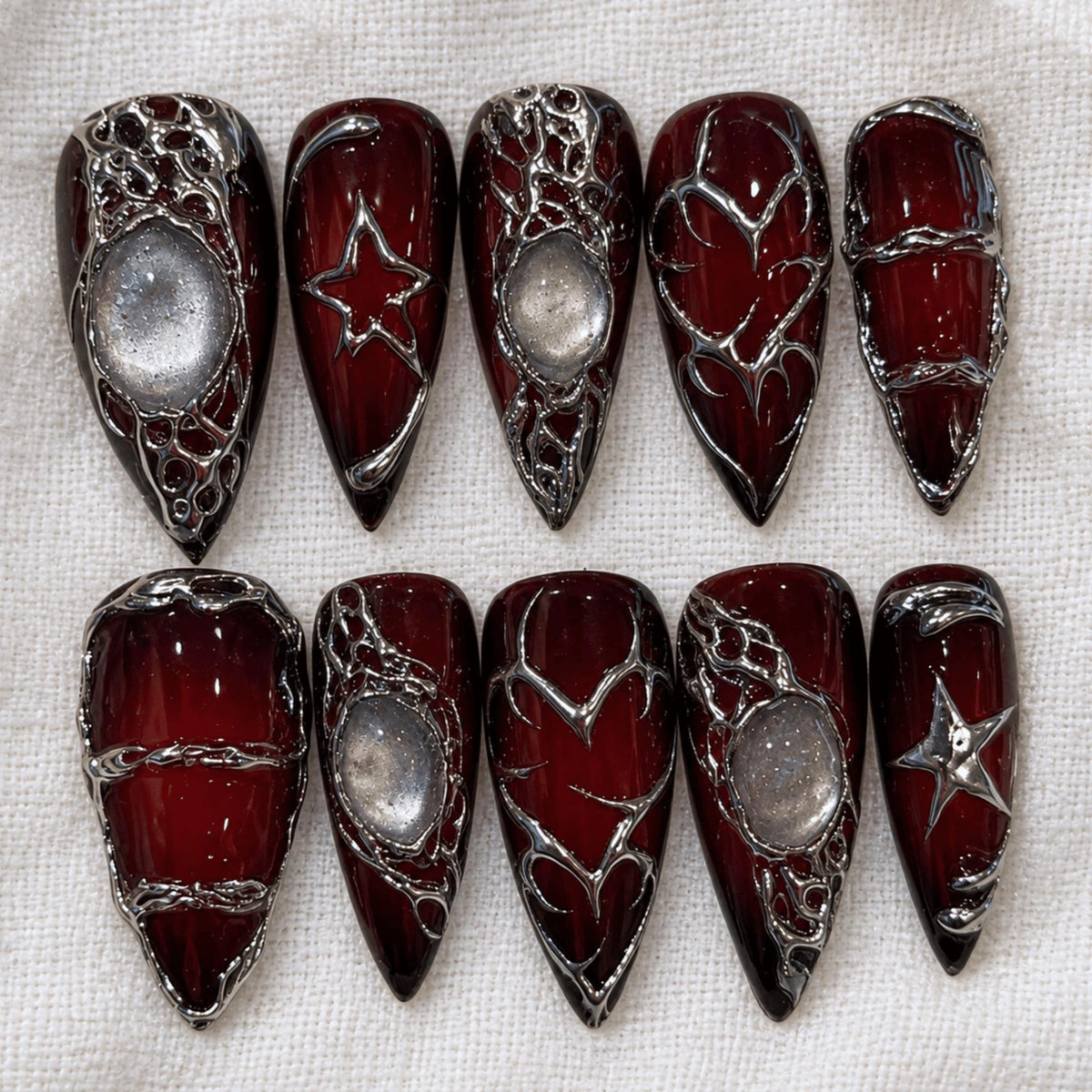 Dark Red Gothic Press On Nails, Silver Chrome Stiletto Nails, Vampire Y2K Nail Art