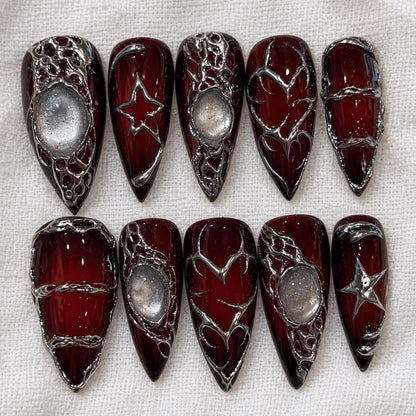 Dark Red Gothic Press On Nails, Silver Chrome Stiletto Nails, Vampire Y2K Nail Art