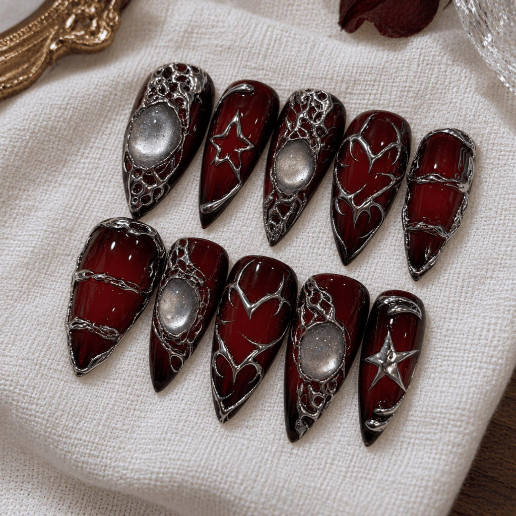 Dark Red Gothic Press On Nails, Silver Chrome Stiletto Nails, Vampire Y2K Nail Art