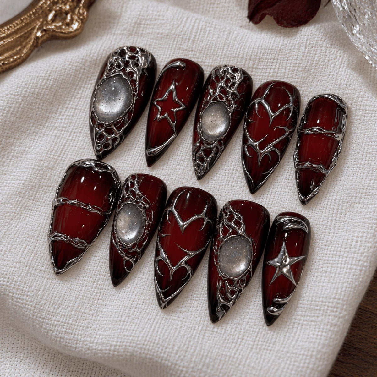 Dark Red Gothic Press On Nails, Silver Chrome Stiletto Nails, Vampire Y2K Nail Art