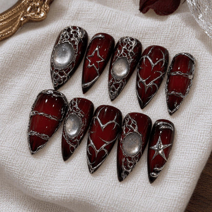 Dark Red Gothic Press On Nails, Silver Chrome Stiletto Nails, Vampire Y2K Nail Art