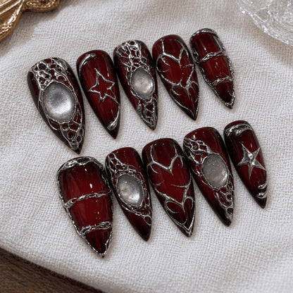 Dark Red Gothic Press On Nails, Silver Chrome Stiletto Nails, Vampire Y2K Nail Art