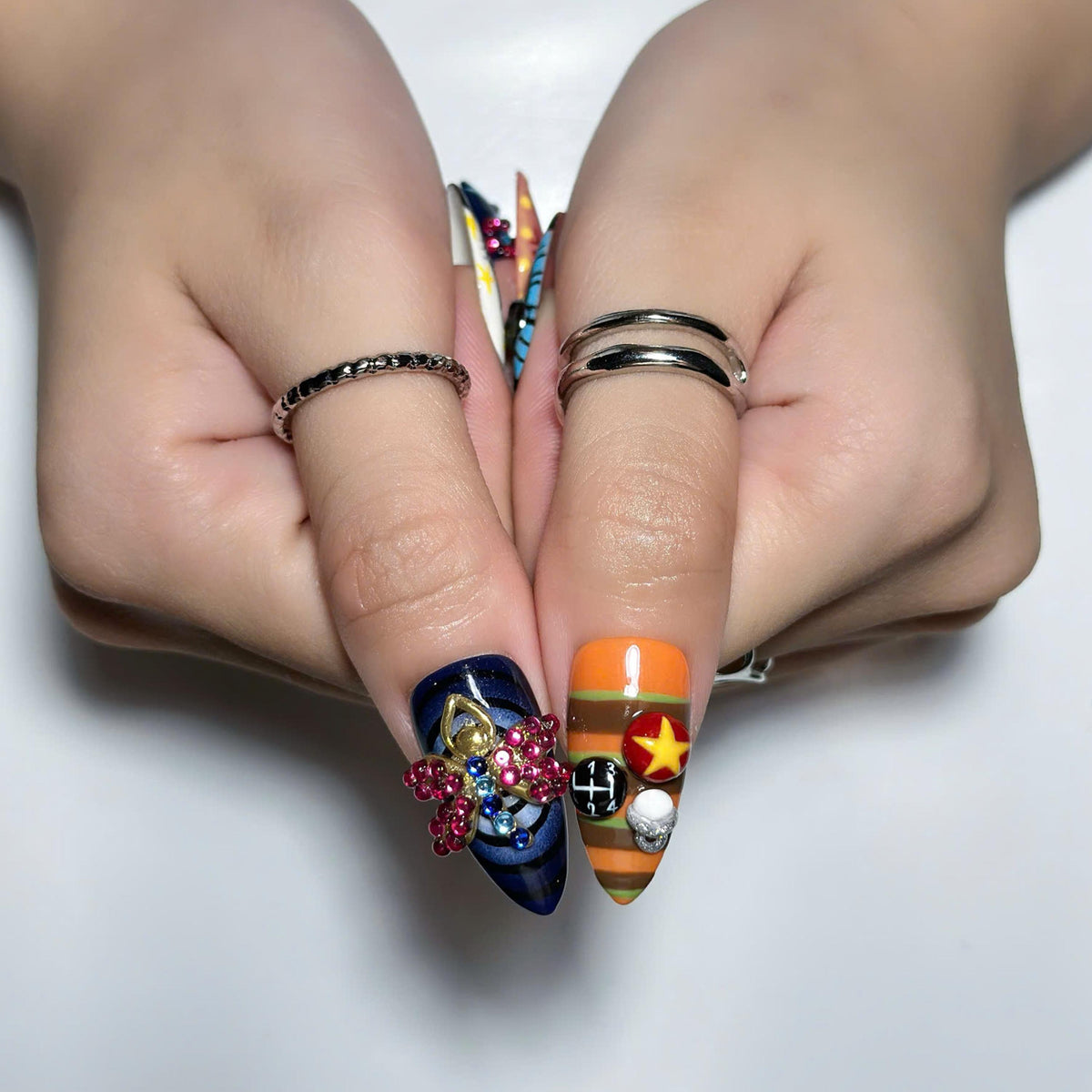 Dark Fantasy Press On Nails with Black Cat & Eye Art | Whimsical 3D Charms | Eclectic Statement Nails | JB547UI