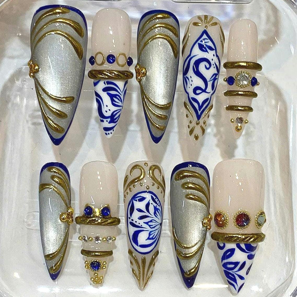 Royal Blue Gold Porcelain Inspired Stiletto Press On Nails, Bridal Wedding Reusable False Nails