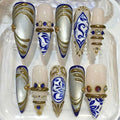 Royal Blue Gold Porcelain Inspired Stiletto Press On Nails, Bridal Wedding Reusable False Nails