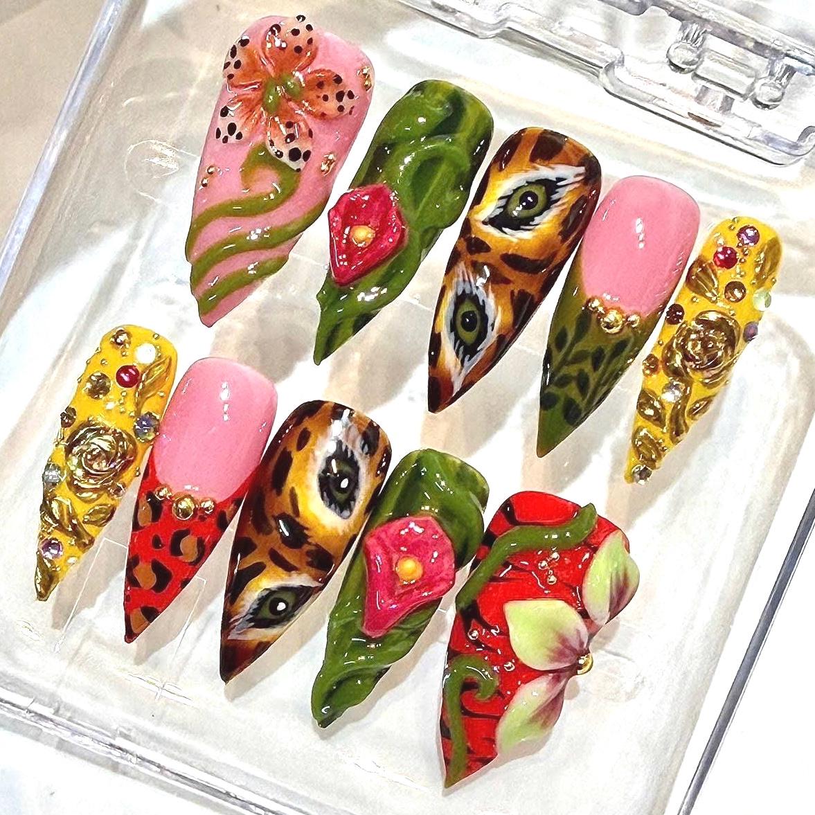 Garden Press-On Nails, Jungle Animal Print, 3D Floral, Pink Green Gold (Reusable)