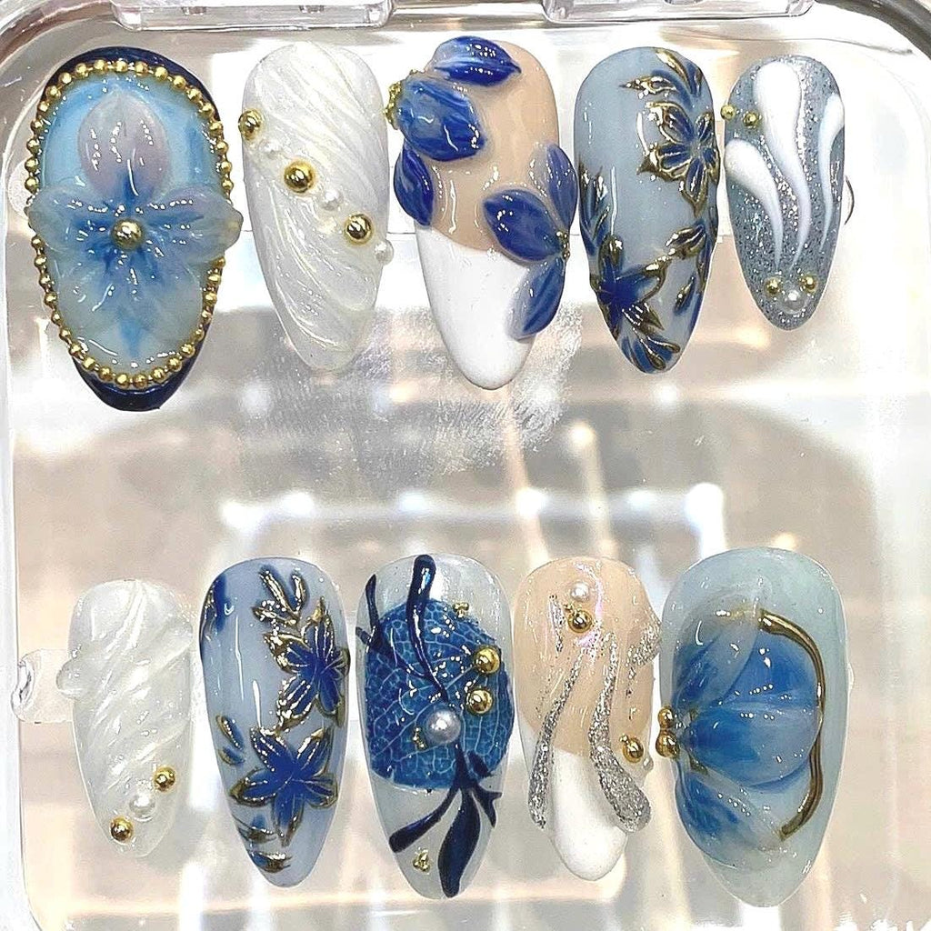 Blue Floral Press On Nails | Luxury 3D Flower Nails | Handmade Elegant Nail Set