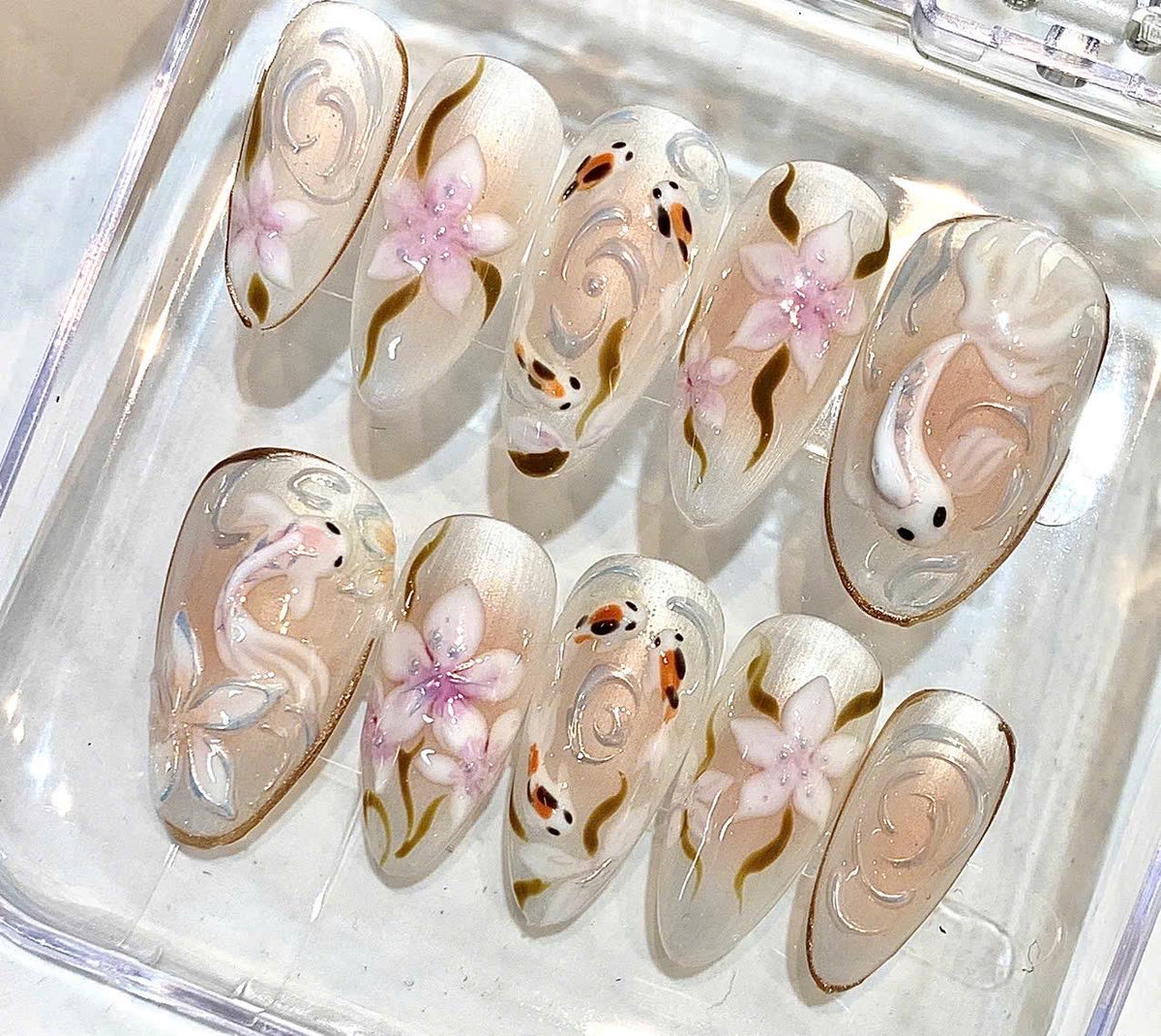 Koi Fish Press On Nails, 3D Floral Nails, Japanese Inspired Nails, Pearl White Nude Nails, Elegant Handmade Fake Nails