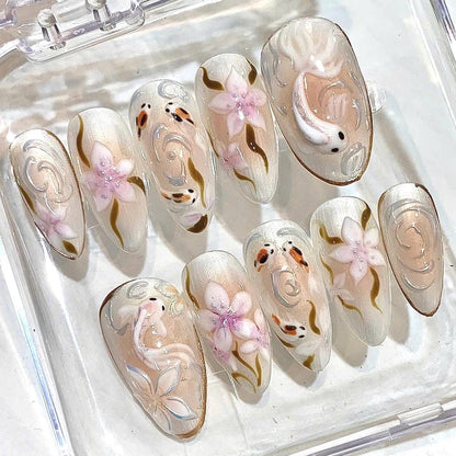 Koi Fish Press On Nails, 3D Floral Nails, Japanese Inspired Nails, Pearl White Nude Nails, Elegant Handmade Fake Nails