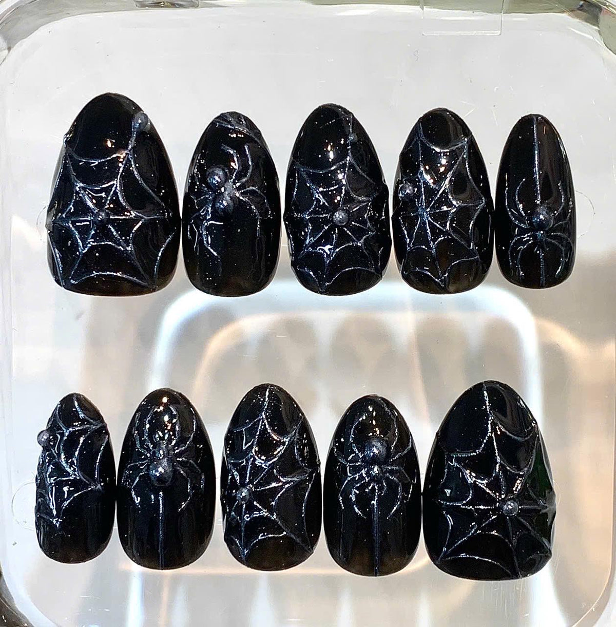 Black 3D Spider Web Press-On Nails, Gothic Halloween Manicure Set