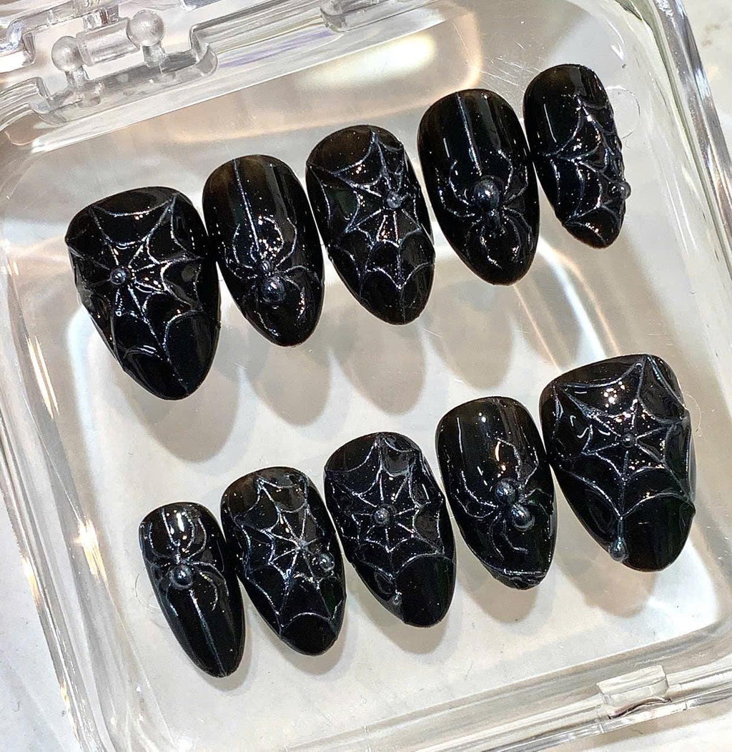 Black 3D Spider Web Press-On Nails, Gothic Halloween Manicure Set