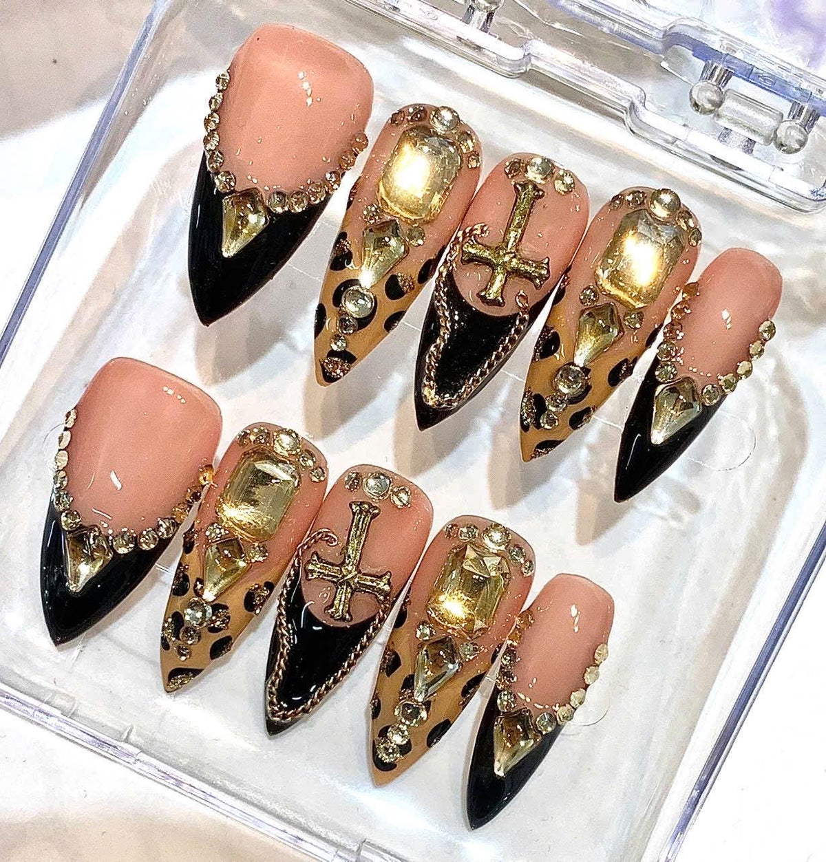 Luxury Press-On Nails, Black Gold Rhinestone, Leopard Print, Gothic Cross (Handmade Set)