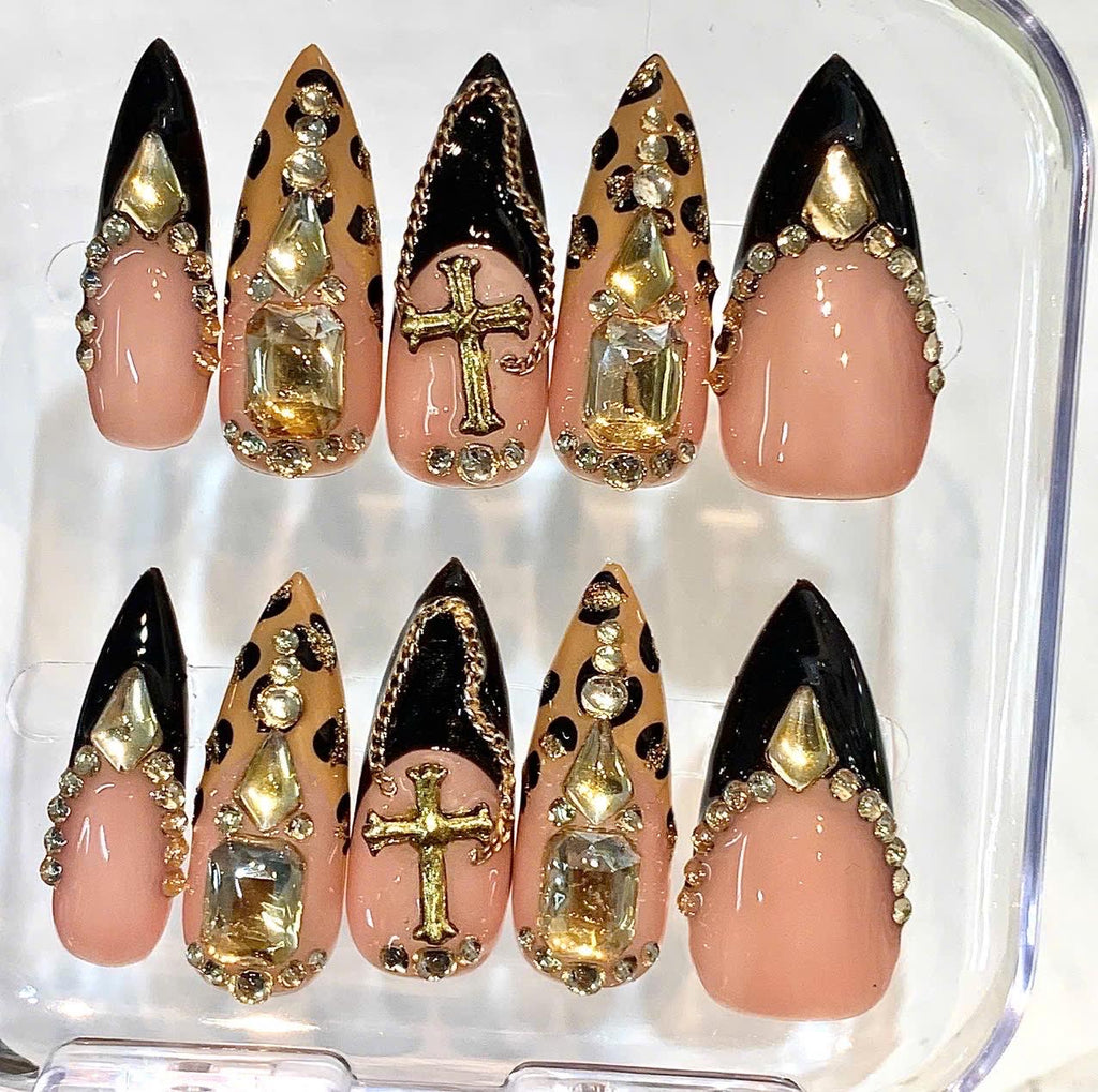 Luxury Press-On Nails, Black Gold Rhinestone, Leopard Print, Gothic Cross (Handmade Set)