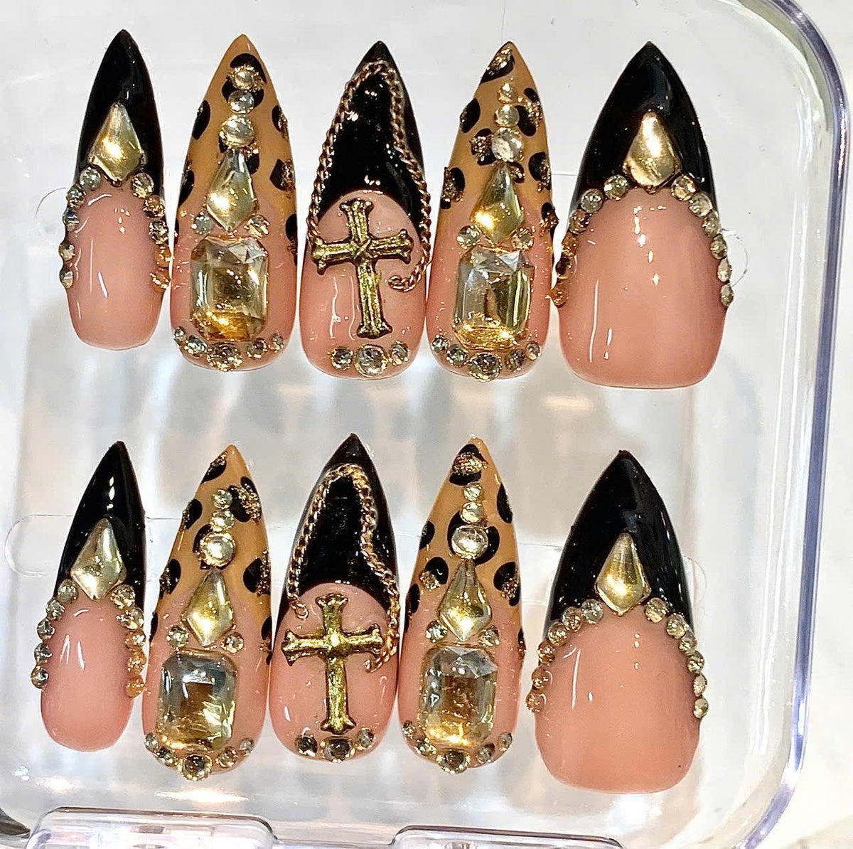 Luxury Press-On Nails, Black Gold Rhinestone, Leopard Print, Gothic Cross (Handmade Set)