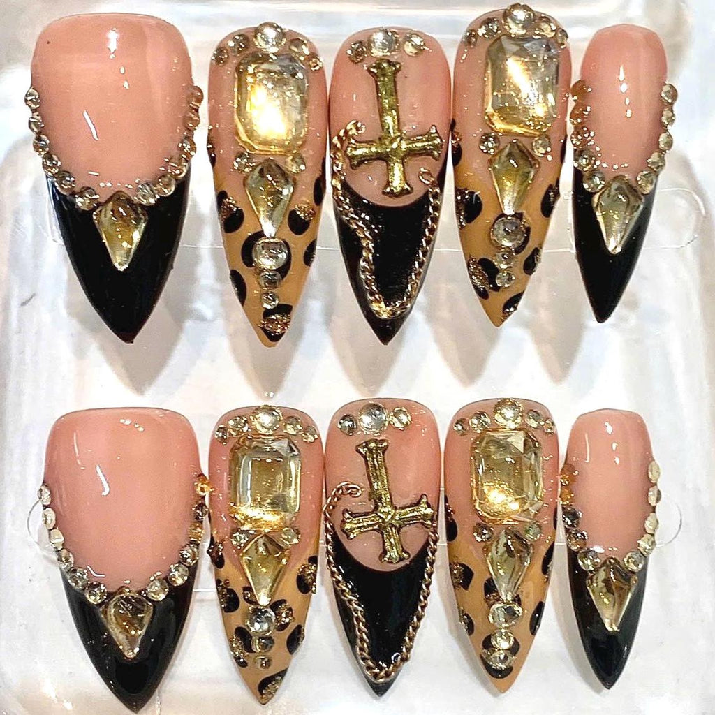 Luxury Press-On Nails, Black Gold Rhinestone, Leopard Print, Gothic Cross (Handmade Set)