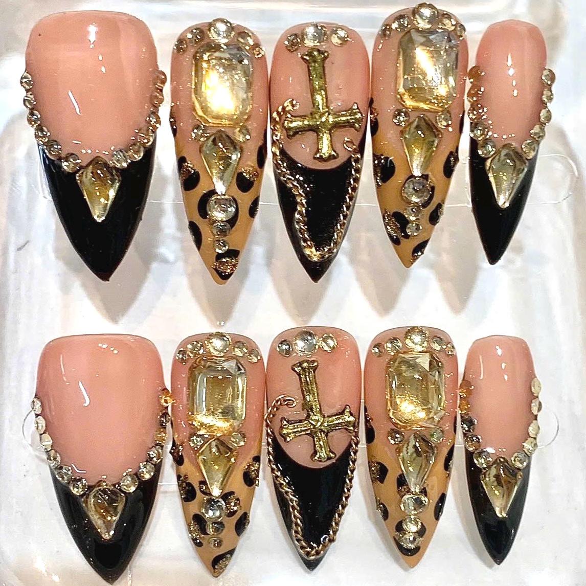 Luxury Press-On Nails, Black Gold Rhinestone, Leopard Print, Gothic Cross (Handmade Set)
