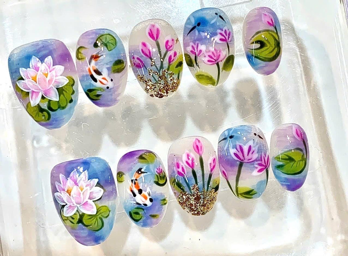 Hand-Painted Lotus & Koi Fish Press-On Nails, Watercolor Floral Set