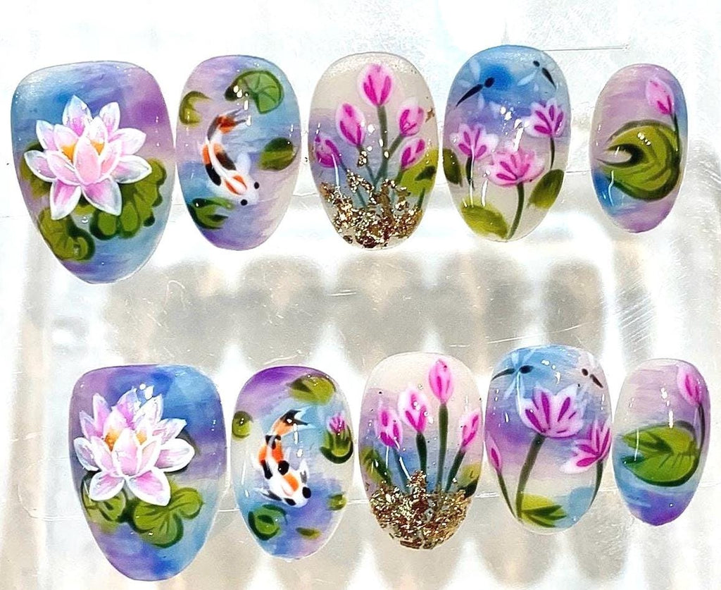 Hand-Painted Lotus & Koi Fish Press-On Nails, Watercolor Floral Set