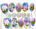 Hand-Painted Lotus & Koi Fish Press-On Nails, Watercolor Floral Set