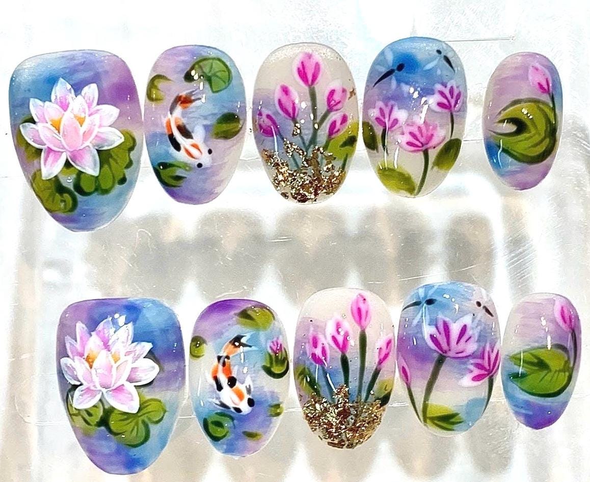 Hand-Painted Lotus & Koi Fish Press-On Nails, Watercolor Floral Set