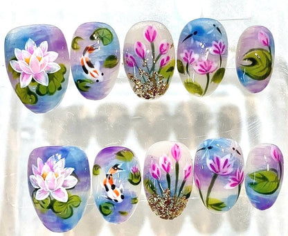 Hand-Painted Lotus & Koi Fish Press-On Nails, Watercolor Floral Set