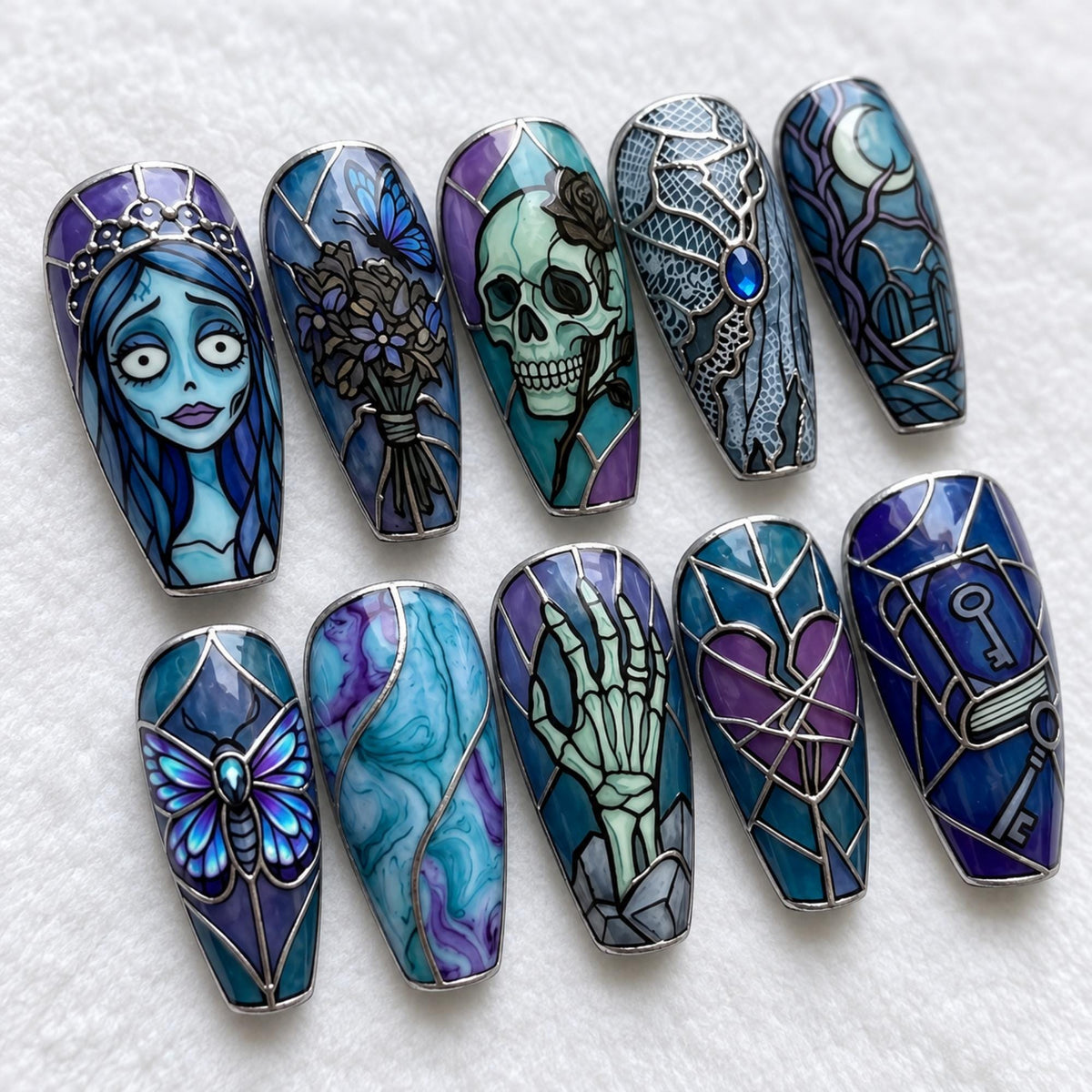 Handmade Corpse Bride Press On Nails | Gothic Stained Glass | Dark Romance Coffin Nails | Skull Butterfly Heart Nail Art