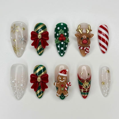 Handmade Christmas Press On Nails | Festive Holiday Inspired | 3D Almond Nails | Reindeer Gingerbread Nail | Candy Cane Bow Art