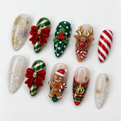 Handmade Christmas Press On Nails | Festive Holiday Inspired | 3D Almond Nails | Reindeer Gingerbread Nail | Candy Cane Bow Art