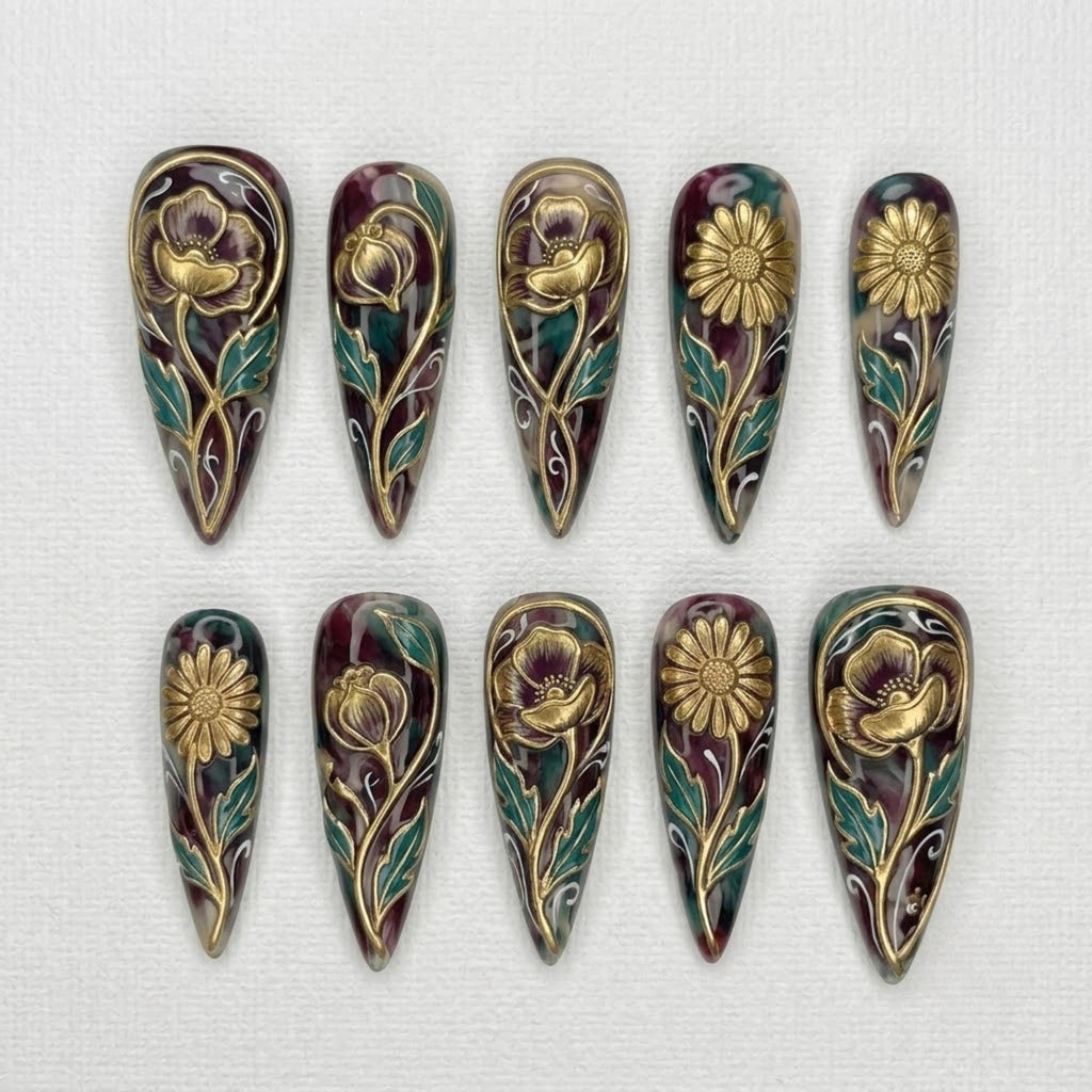 Art Nouveau Floral Press On Nails | Vintage Botanical Inspired | Luxury Long Almond Nails | Poppy Daisy Leaf Nail | Gold Relief Flower Nail