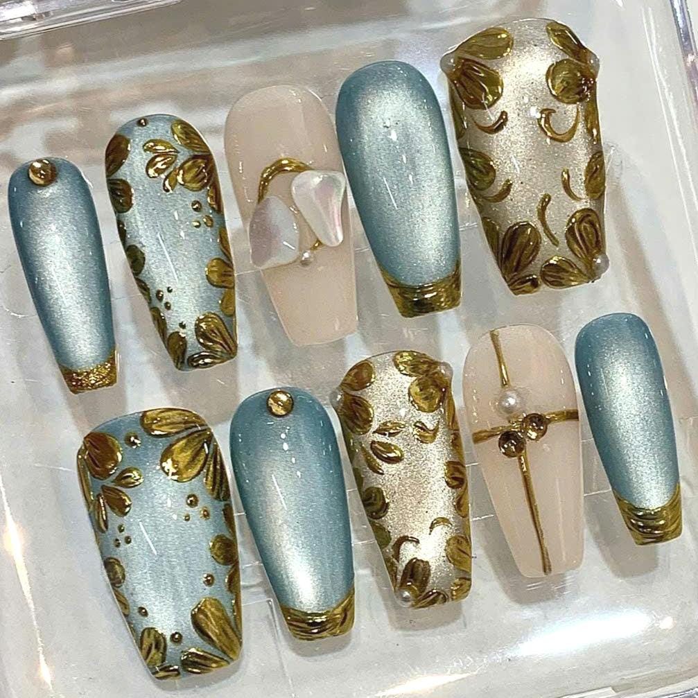 Blue Gold Leaf Press On Nails: Elegant Pearl Wedding Nail Art