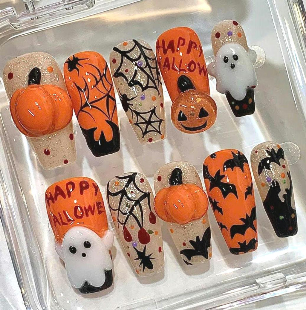 3D Ghost & Pumpkin Press On Nails: Spooky Halloween Nail Art