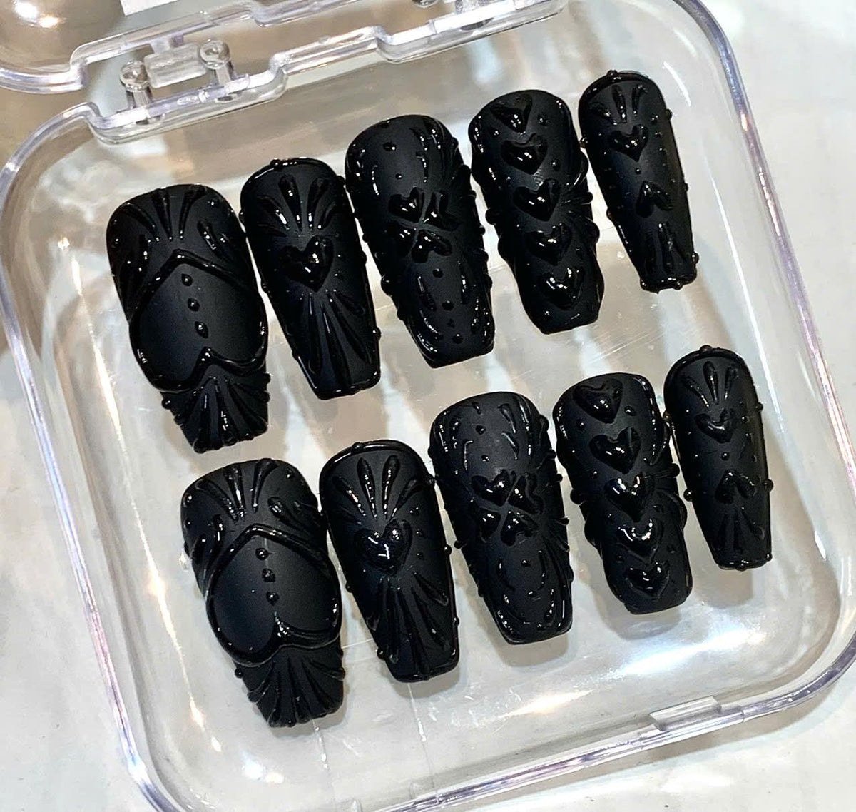Black Gothic Press On Nails | 3D Heart, Baroque Stiletto